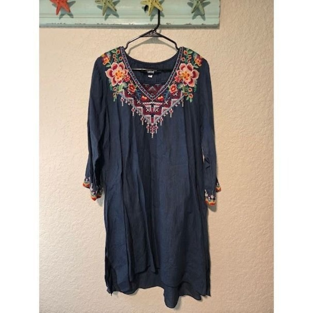 Johnny Was Blue Embroidered Midi Dress